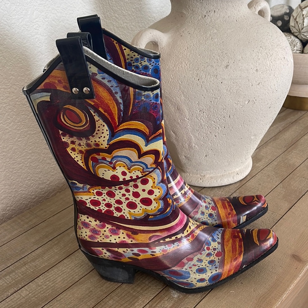 🔴 Womens NOMAD High Heel Western Style Artsy Cowgirl Rain Water Rubber Boots 8